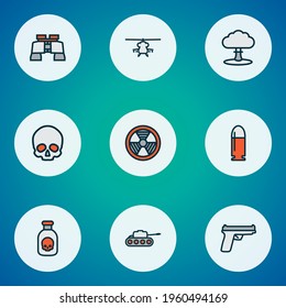 Combat icons colored line set with gun, bullet, nuclear explosion and other aviation elements. Isolated vector illustration combat icons.