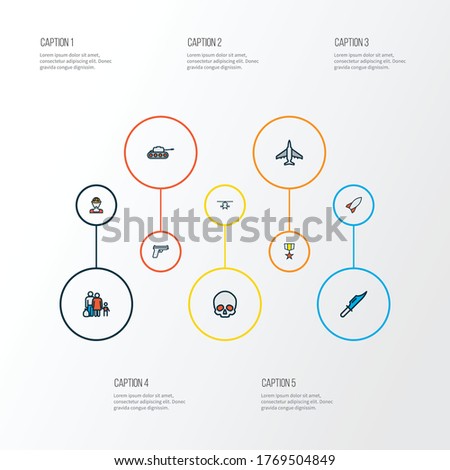 Combat icons colored line set with medal, military rocket, tank and other fugitive elements. Isolated vector illustration combat icons.