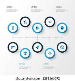 Combat icons colored set with bomb, military, order and other bio hazard elements. Isolated vector illustration combat icons.