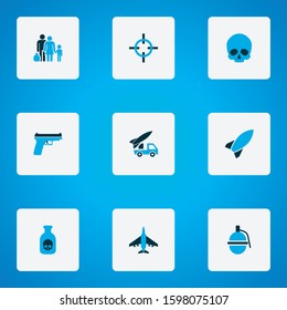 Combat icons colored set with fugitive, dynamite, bomb and other aim elements. Isolated vector illustration combat icons.