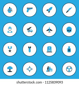 Combat icons colored set with officer, sniper target, fugitive and other fighter elements. Isolated vector illustration combat icons.