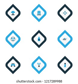 Combat icons colored set with radiation, boom, sniper target and other aim elements. Isolated vector illustration combat icons.