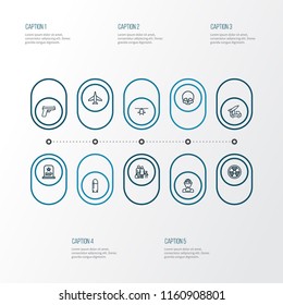 Combat icons line style set with fighter, artillery, helicopter and other shot elements. Isolated vector illustration combat icons.