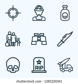Combat icons line style set with soldier, artillery, refugee and other officer  elements. Isolated vector illustration combat icons.