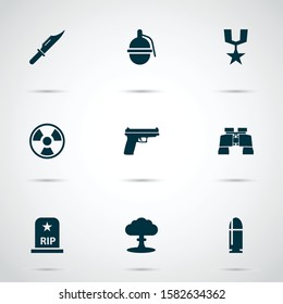 Combat icons set with bio hazard, knife, grenade and other glass elements. Isolated vector illustration combat icons.