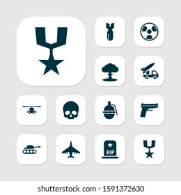 Combat icons set with bio hazard, fighter, medal and other weapons elements. Isolated vector illustration combat icons.