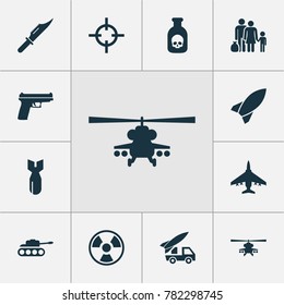 Combat icons set with chopper, cutter, ordnance and other panzer elements. Isolated vector illustration combat icons.