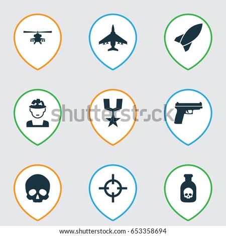 Combat Icons Set. Collection Of Aircraft, Cranium, Weapons And Other Elements. Also Includes Symbols Such As Oficer, Gong, Head.