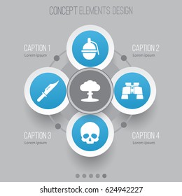 Combat Icons Set. Collection Of Atom, Cranium, Cutter And Other Elements. Also Includes Symbols Such As Explosion, Zoom, Glass.