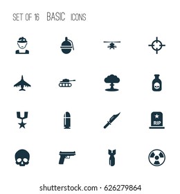 Combat Icons Set. Collection Of Atom, Rocket, Target And Other Elements. Also Includes Symbols Such As Sniper, Explosion, Tank.