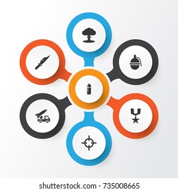 Combat Icons Set. Collection Of Atom, Slug, Ordnance And Other Elements. Also Includes Symbols Such As Slug, Gong, Bombshell.