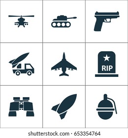 Combat Icons Set. Collection Of Bombshell, Aircraft, Panzer And Other Elements. Also Includes Symbols Such As Bombshell, Binoculars, Mechanism.