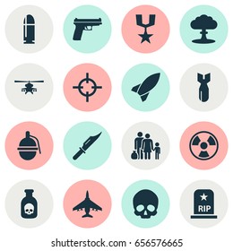 Combat Icons Set. Collection Of Chopper, Dangerous, Atom And Other Elements. Also Includes Symbols Such As Nuclear, Chopper, Refugee.