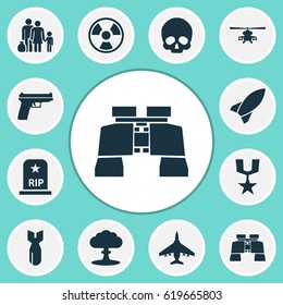 Combat Icons Set. Collection Of Cranium, Missile, Chopper And Other Elements. Also Includes Symbols Such As Fugitive, Cranium, Helicopter.