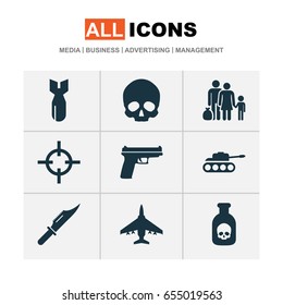 Combat Icons Set. Collection Of Cranium, Cutter, Rocket And Other Elements. Also Includes Symbols Such As Poison, People, Fugitive.