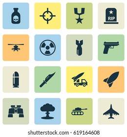 Combat Icons Set. Collection Of Cutter, Missile, Aircraft And Other Elements. Also Includes Symbols Such As Order, Missile, Danger.