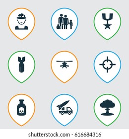 Combat Icons Set. Collection Of Danger, Chopper, Military And Other Elements. Also Includes Symbols Such As Refugee, Fatal, Nuclear.
