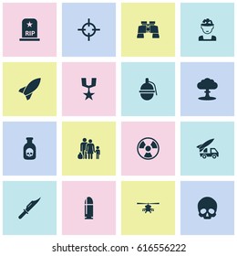 Combat Icons Set. Collection Of Dangerous, Atom, Missile And Other Elements. Also Includes Symbols Such As Bomb, Refugee, Glass.