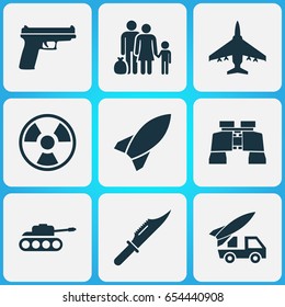 Combat Icons Set. Collection Of Dangerous, Missile, Ordnance And Other Elements. Also Includes Symbols Such As Scalper, Binoculars, Fighter.