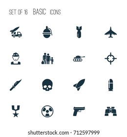 Combat Icons Set. Collection Of Dangerous, Ordnance, Missile And Other Elements. Also Includes Symbols Such As Cranium, Binoculars, Medal.