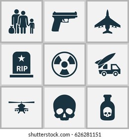 Combat Icons Set. Collection Of Fugitive, Aircraft, Dangerous And Other Elements. Also Includes Symbols Such As Grave, Fire, Skull.