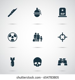 Combat Icons Set. Collection Of Fugitive, Cutter, Dangerous And Other Elements. Also Includes Symbols Such As Skull, Zoom, Fugitive.