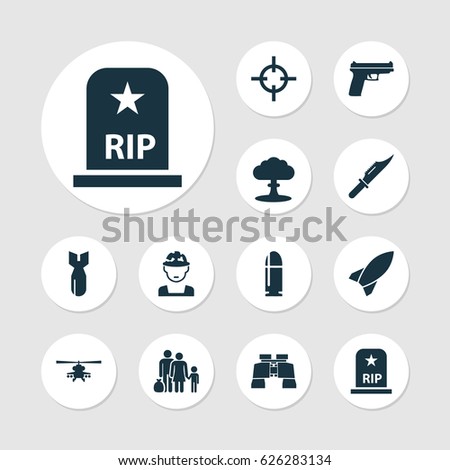 Combat Icons Set. Collection Of Fugitive, Military, Chopper And Other Elements. Also Includes Symbols Such As Helicopter, Oficer, Nuclear.