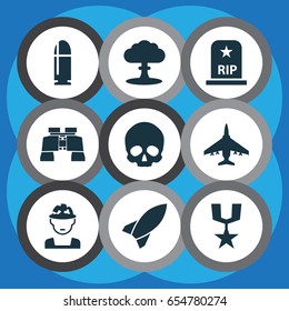Combat Icons Set. Collection Of Glass, Missile, Atom And Other Elements. Also Includes Symbols Such As Zoom, Shot, Oficer.