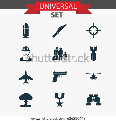 Combat Icons Set. Collection Of Glass, Rocket, Atom And Other Elements. Also Includes Symbols Such As Bomb, Oficer, Target.
