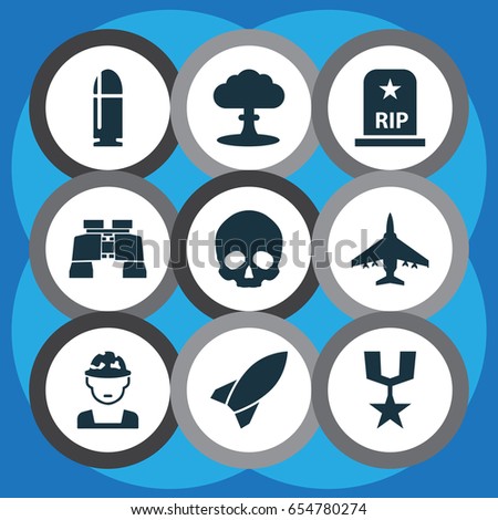 Combat Icons Set. Collection Of Glass, Missile, Atom And Other Elements. Also Includes Symbols Such As Zoom, Shot, Oficer.