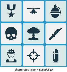 Combat Icons Set. Collection Of Military, Slug, Chopper And Other Elements. Also Includes Symbols Such As Oficer, Military, Soldier.