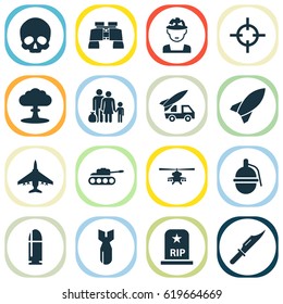 Combat Icons Set. Collection Of Missile, Target, Bombshell And Other Elements. Also Includes Symbols Such As Mechanism, People, Refugee.