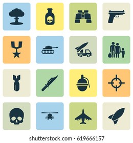 Combat Icons Set. Collection Of Missile, Fugitive, Chopper And Other Elements. Also Includes Symbols Such As Skull, Binoculars, Ordnance.