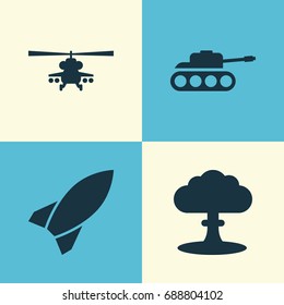 Combat Icons Set. Collection Of Missile, Chopper, Atom And Other Elements. Also Includes Symbols Such As Mechanism, Helicopter, Bomb.