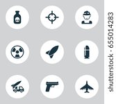 Combat Icons Set. Collection Of Ordnance, Danger, Missile And Other Elements. Also Includes Symbols Such As Hazard, Bomber, Target.