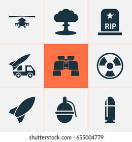 Combat Icons Set. Collection Of Ordnance, Dangerous, Missile And Other Elements. Also Includes Symbols Such As Tomb, Bomb, Atom.