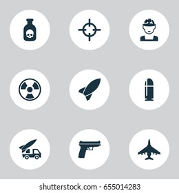 Combat Icons Set. Collection Of Ordnance, Danger, Missile And Other Elements. Also Includes Symbols Such As Hazard, Bomber, Target.