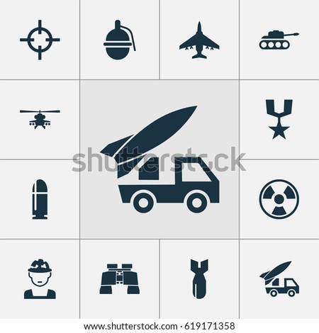 Combat Icons Set. Collection Of Panzer, Aircraft, Ordnance And Other Elements. Also Includes Symbols Such As Bomb, Oficer, Hazard.