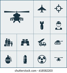 Combat Icons Set. Collection Of Slug, Aircraft, Dangerous And Other Elements. Also Includes Symbols Such As Shot, Rocket, Soldier.