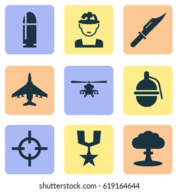Combat Icons Set. Collection Of Target, Bombshell, Atom And Other Elements. Also Includes Symbols Such As Target, Cutter, Gong.