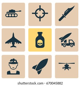 Combat Icons Set. Collection Of Target, Military, Aircraft And Other Elements. Also Includes Symbols Such As Danger, Helicopter, Ordnance.