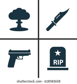 Combat Icons Set. Collection Of Weapons, Atom, Cutter And Other Elements. Also Includes Symbols Such As Rip, Scalper, Nuclear.