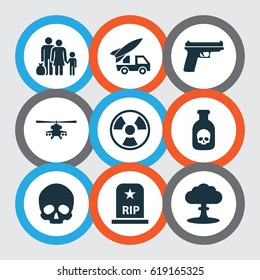 Combat Icons Set. Collection Of Weapons, Chopper, Fugitive And Other Elements. Also Includes Symbols Such As Helicopter, Military, Rockets.