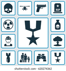Combat Icons Set. Collection Of Weapons, Glass, Cranium And Other Elements. Also Includes Symbols Such As Fatal, Grave, Rip.