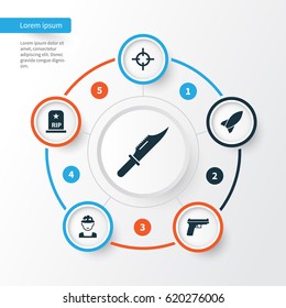 Combat Icons Set. Collection Of Weapons, Missile, Rip And Other Elements. Also Includes Symbols Such As Tomb, Cutter, Oficer.