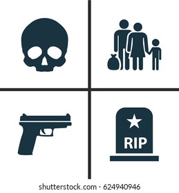 Combat Icons Set. Collection Of Weapons, Fugitive, Rip And Other Elements. Also Includes Symbols Such As Cranium, Head, Weapons.