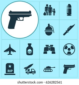 Combat Icons Set. Collection Of Weapons, Dangerous, Rip And Other Elements. Also Includes Symbols Such As Mechanism, Nuclear, Tomb.