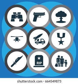 Combat Icons Set. Collection Of Weapons, Ordnance, Cutter And Other Elements. Also Includes Symbols Such As Artillery, Scalper, Fire.