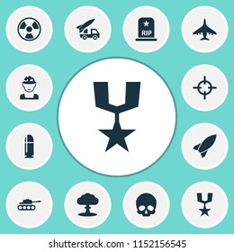 Combat icons set with fighter, nuclear explosion, skull and other ordnance elements. Isolated vector illustration combat icons.