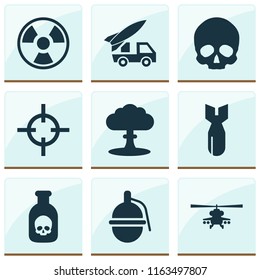 Combat icons set with grenade, skull, poison and other atom elements. Isolated vector illustration combat icons.